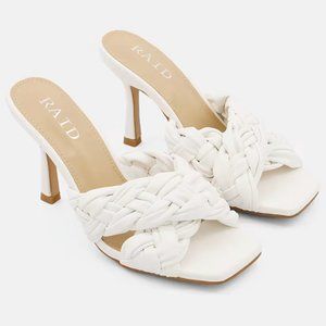 White Faux Leather Braided Stiletto Heel Sandals
